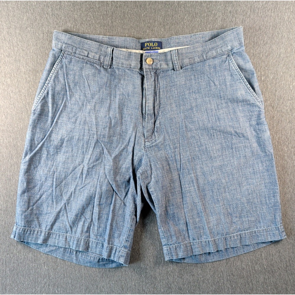 Polo Ralph Lauren Chambray Chino Shorts Sz 34 Blue Flat Front Preppy Cotton Golf